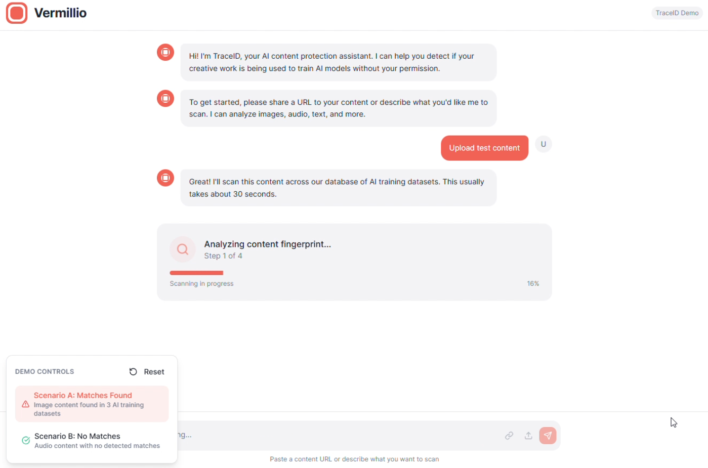 TraceID ChatGPT app showing content scan flow with fingerprint analysis in progress